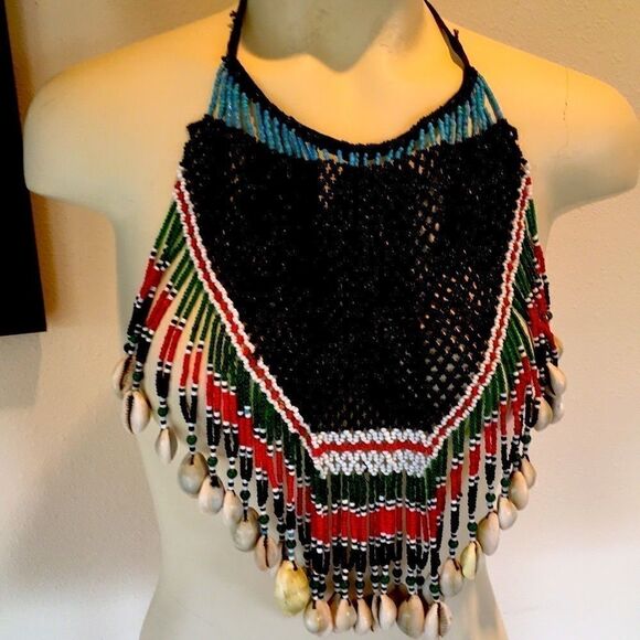 Vintage 60’s tie beaded dance skirt necklace or wall hanging cowrie shell bead - Picture 4 of 14